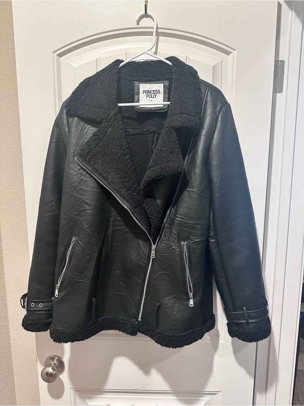 Princess Polly Black Faux Leather Sherpa Moto Jacket